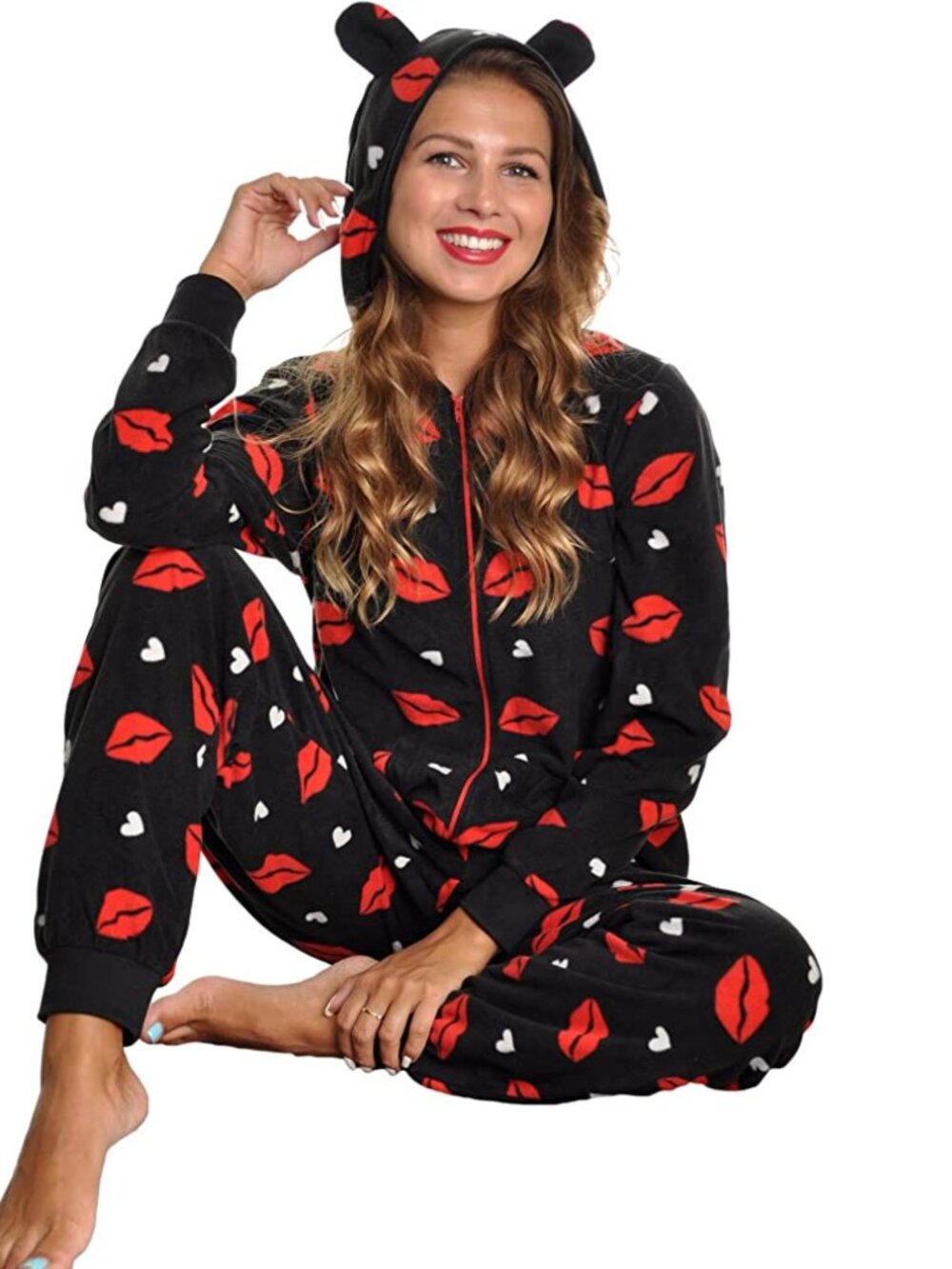 Lip Print Novelty Plush Soft Fleece Hooded Pajamas – Cozy One-Piece Zip-Up S/M